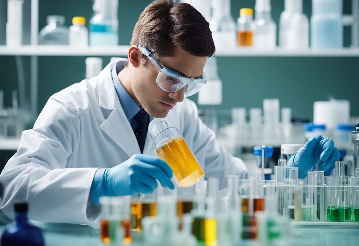 A lab technician carefully measures and mixes various compounds in a clean, well-lit laboratory setting