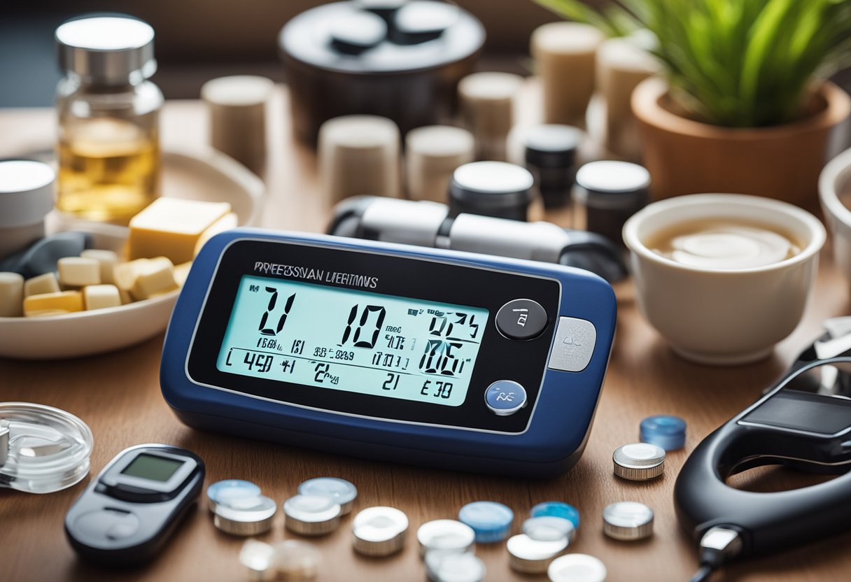 A table with a variety of blood sugar monitoring devices and supplements, surrounded by positive review quotes and star ratings