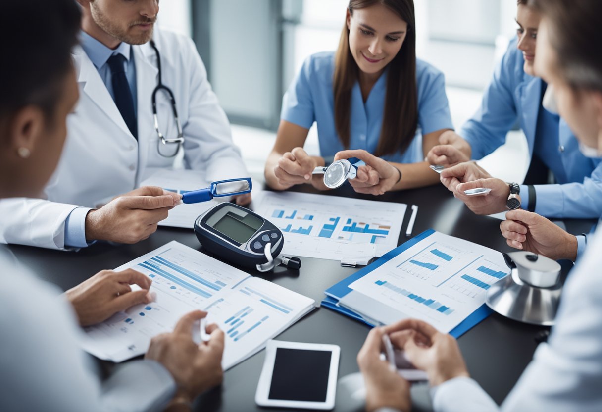 A group of clinicians comparing different methods for blood sugar balance. Charts, graphs, and medical equipment are spread out on a table for analysis