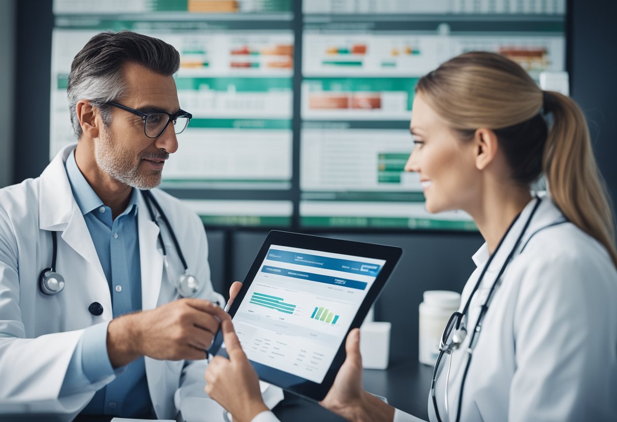 A doctor and a nutritionist discussing blood sugar balance while looking at a chart of recommended foods and supplements