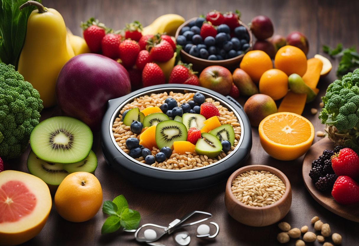 A table with a variety of colorful fruits, vegetables, and whole grains arranged next to a glucose meter and insulin pen