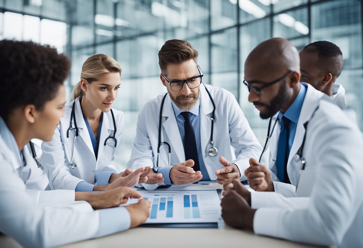 A group of clinicians discuss blood sugar balance trends, surrounded by charts and graphs. They eagerly anticipate future developments