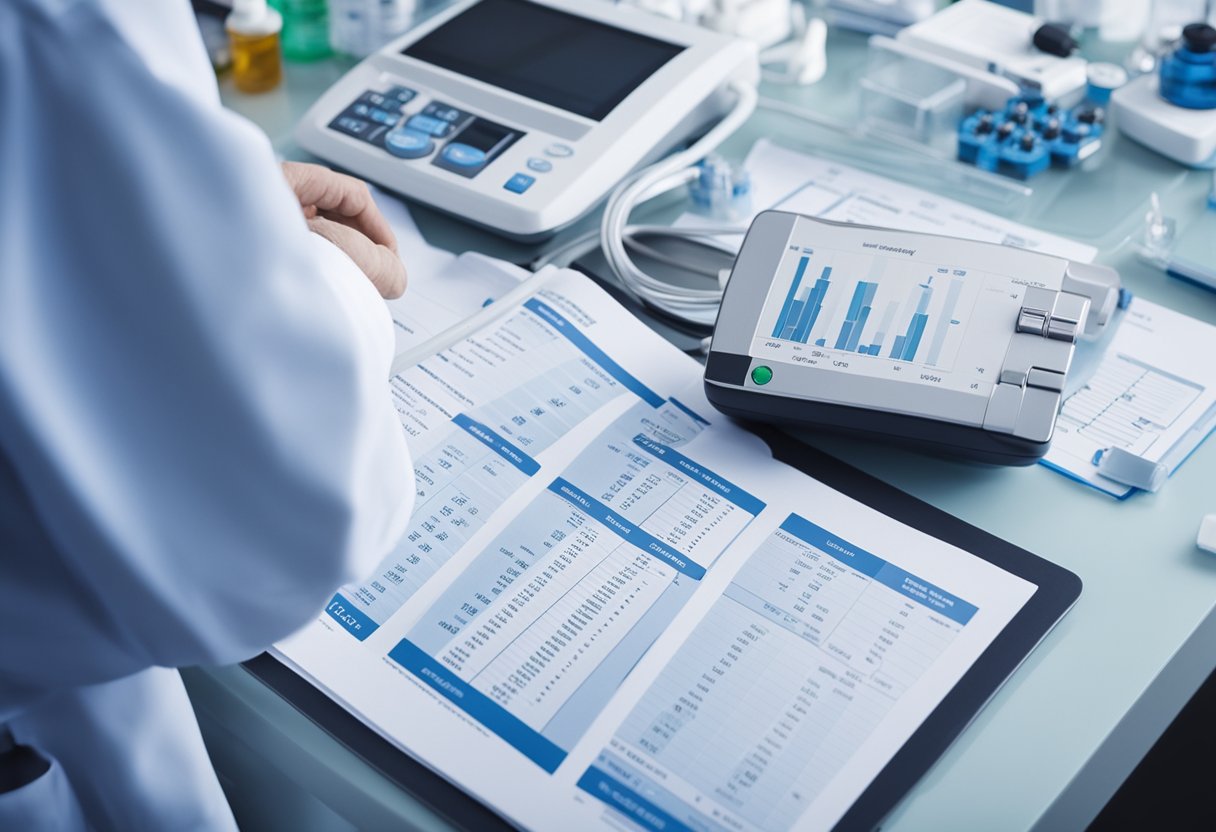 A clinician carefully examines a chart of blood sugar levels, surrounded by various medical equipment and paperwork