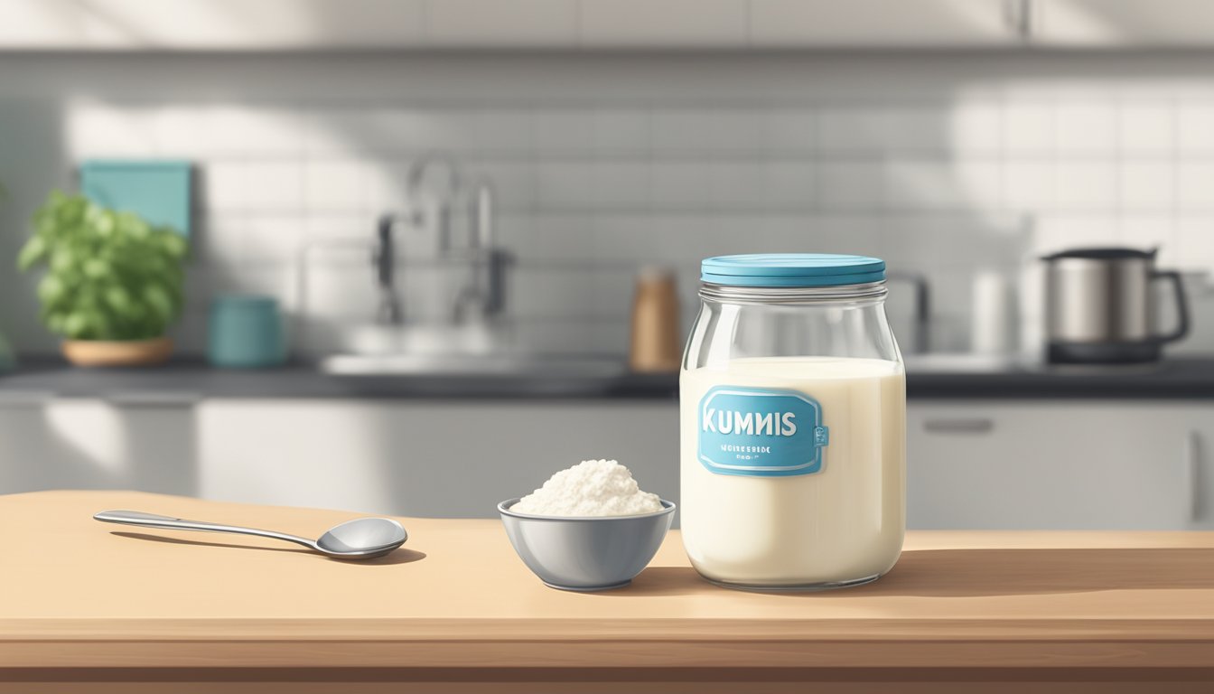 A glass jar filled with milk and a spoonful of kumis starter culture, sitting on a clean kitchen counter