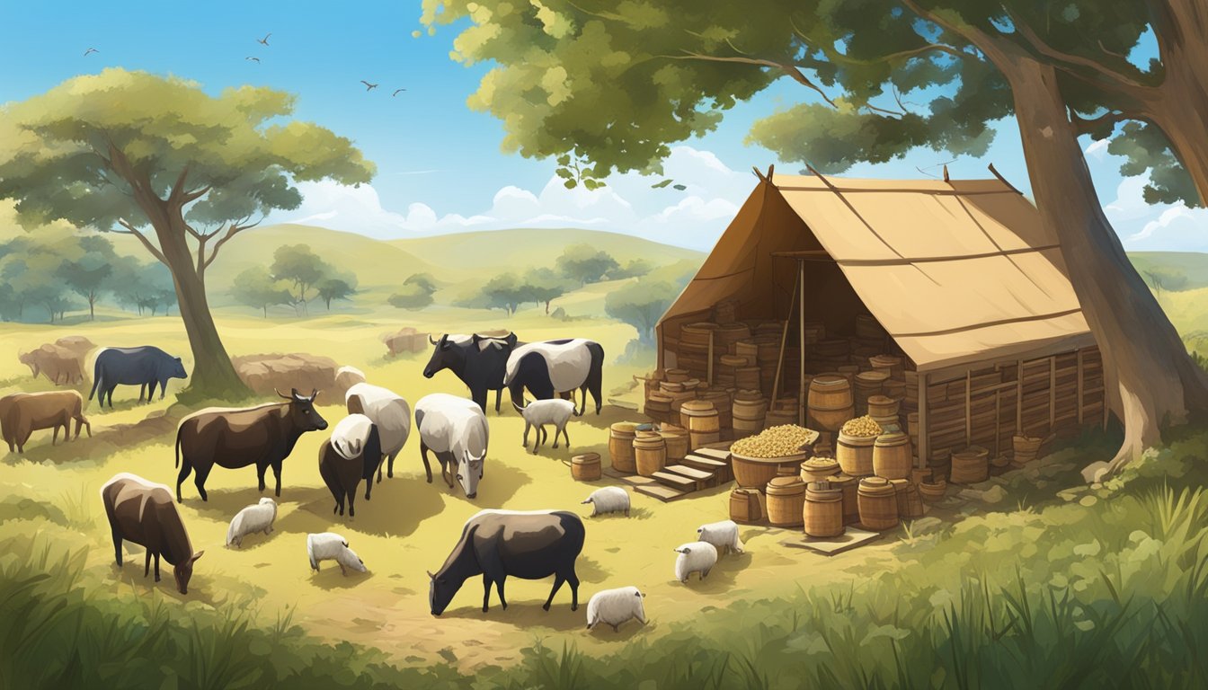 A traditional nomadic setting with a wooden container of fermenting kumis surrounded by grazing animals and a clear blue sky