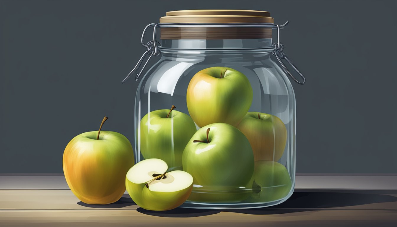 A glass jar filled with sliced apples submerged in liquid, covered with a cloth secured by a rubber band, placed in a dark, cool area