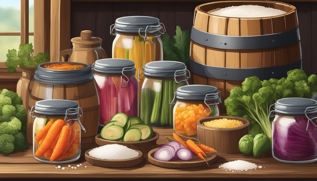 A wooden barrel filled with sliced vegetables and brine, surrounded by jars of salt and seasonings on a rustic kitchen table