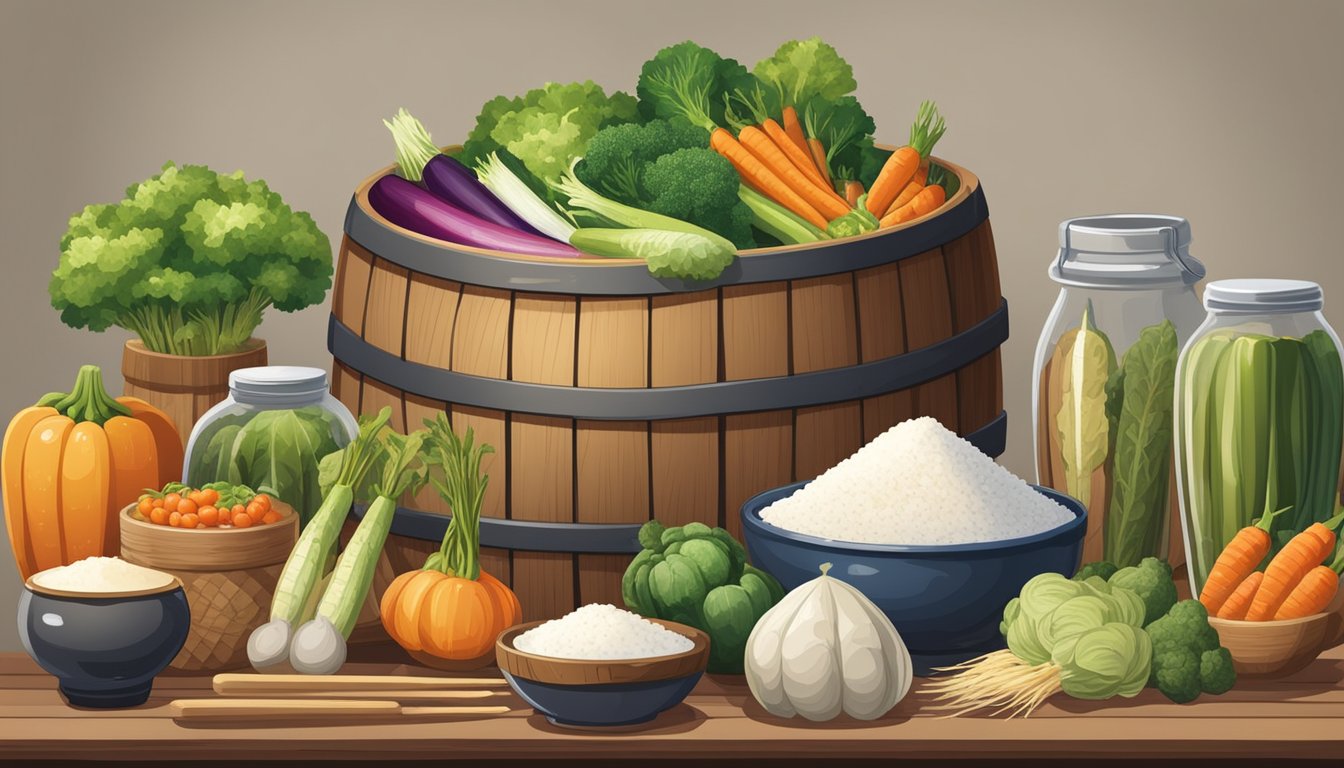 A wooden barrel filled with various vegetables and salt, surrounded by jars of pickling liquid and traditional Japanese fermentation tools