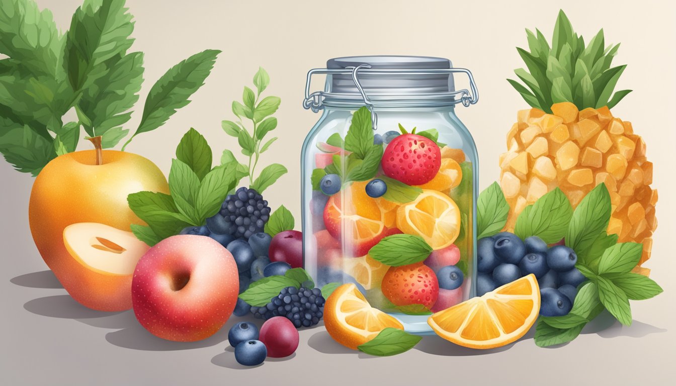 A glass jar filled with water kefir grains fermenting in sugar water, surrounded by fresh fruit and herbs