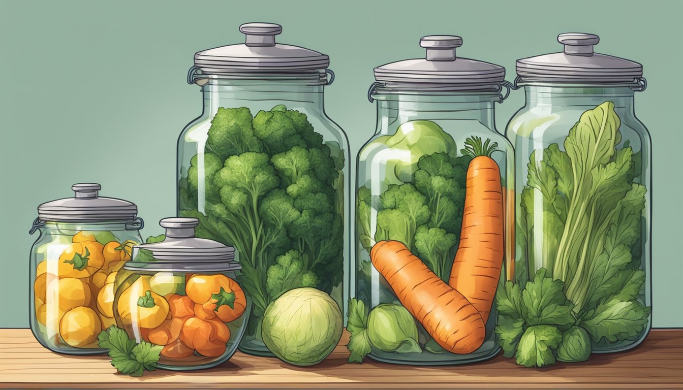 A glass jar filled with assorted vegetables submerged in brine, with a weight pressing them down, sitting on a kitchen counter