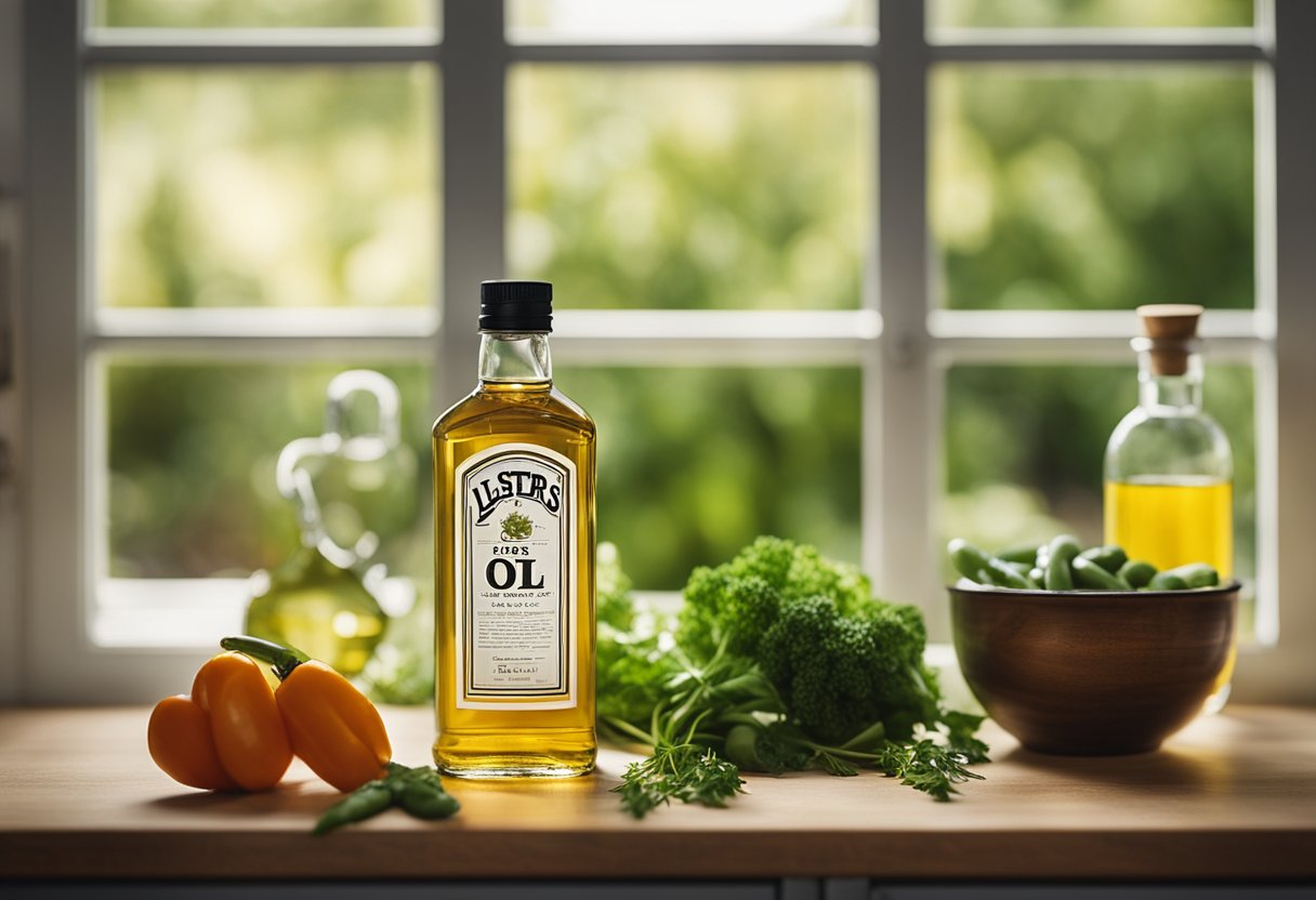 A bottle of Lester's Oil sits on a kitchen counter, surrounded by fresh vegetables and herbs. The morning light streams in through the window, casting a warm glow on the scene