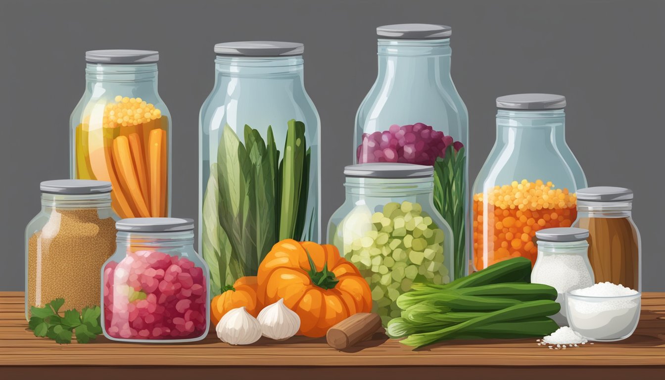 A variety of fresh vegetables and glass jars filled with brine, sitting on a wooden table. A bowl of salt and spices nearby