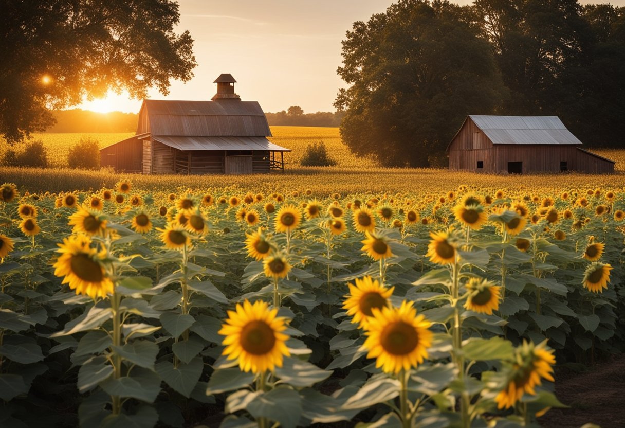 A rustic, countryside farm with fields of sunflowers and a small, quaint oil press building. The sun is setting, casting a warm glow over the scene