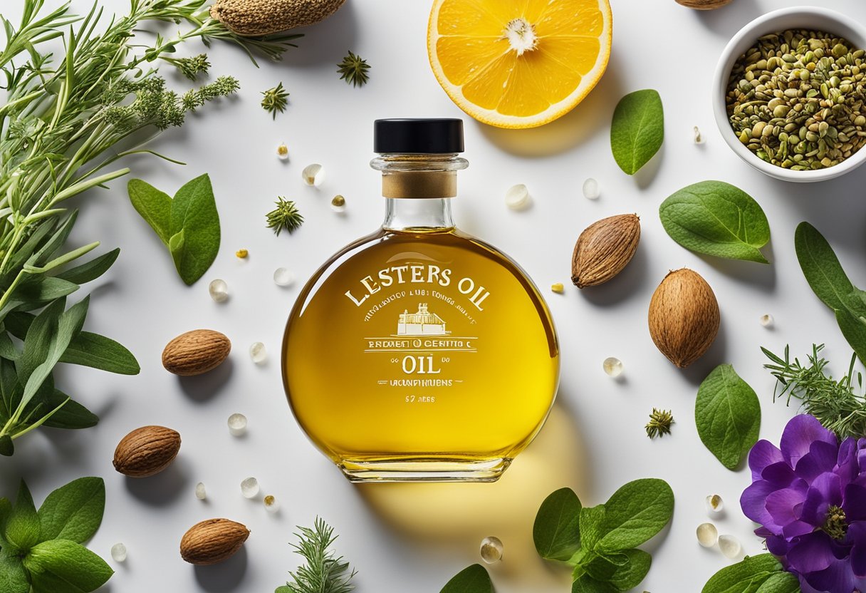 A bottle of Lester's oil surrounded by various natural ingredients such as herbs, fruits, and flowers, each with a label indicating its specific benefits