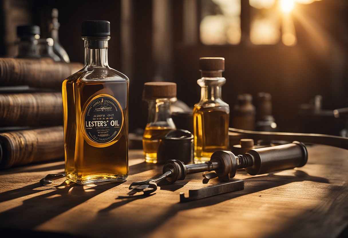 A bottle of Lester's oil sits on a wooden table, surrounded by various tools and machinery. The warm glow of the setting sun casts long shadows across the scene