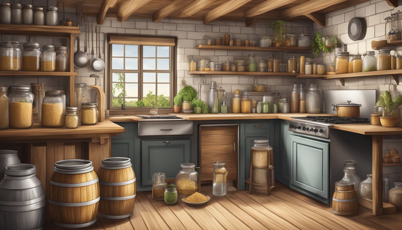 A rustic kitchen with jars of fermenting ginger beer, surrounded by traditional brewing equipment and ingredients