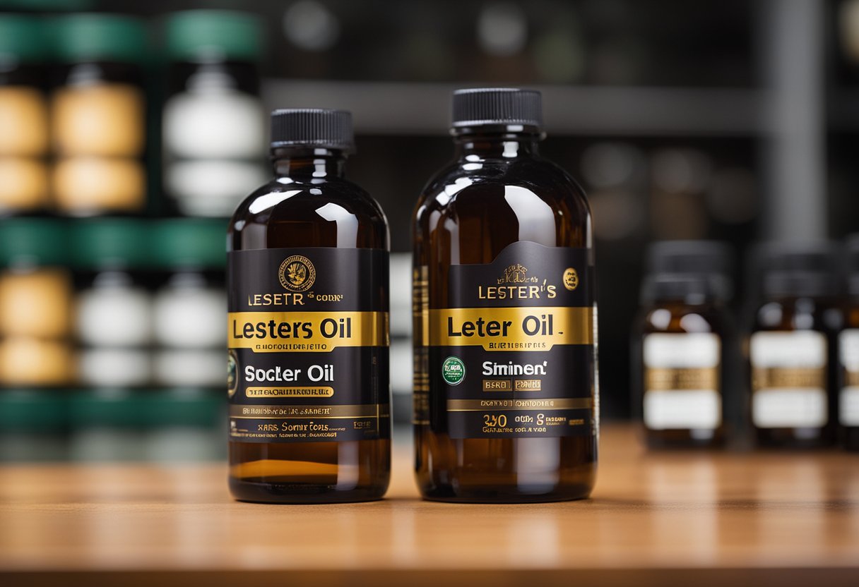 Two bottles of Lester's oil and similar supplements arranged side by side for comparison