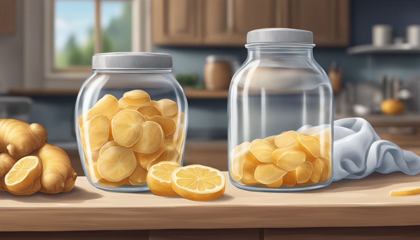 A glass jar filled with sliced ginger and sugar, covered with a cloth, sits on a kitchen counter. Bubbles form as the ginger beer ferments