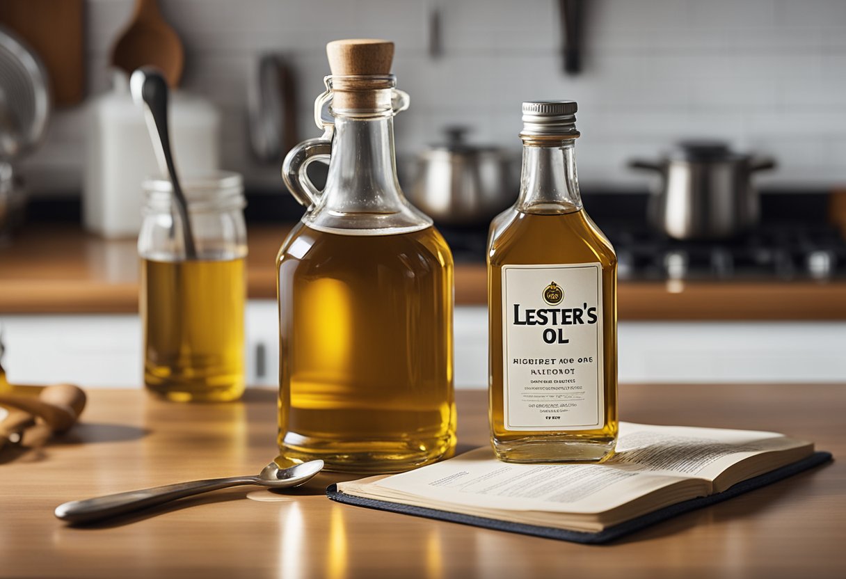 A bottle of Lester's oil sits on a clean, organized kitchen counter. A measuring spoon and recipe book are nearby, emphasizing safe and precise consumption