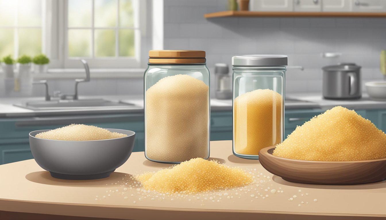 A glass jar filled with chopped ginger and sugar, sitting on a kitchen counter next to a bowl of yeast, with bubbles forming on the surface