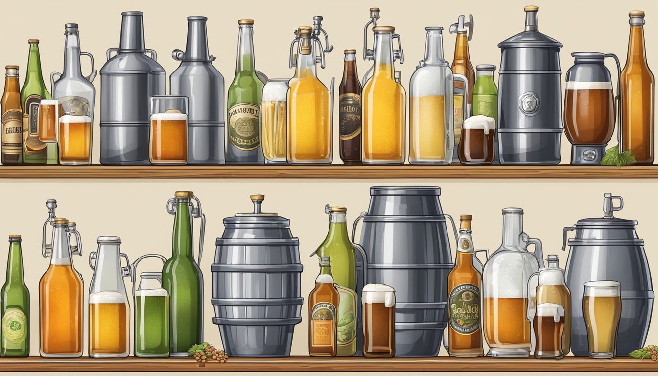 A variety of beer styles fermenting in glass carboys, surrounded by brewing equipment and ingredients