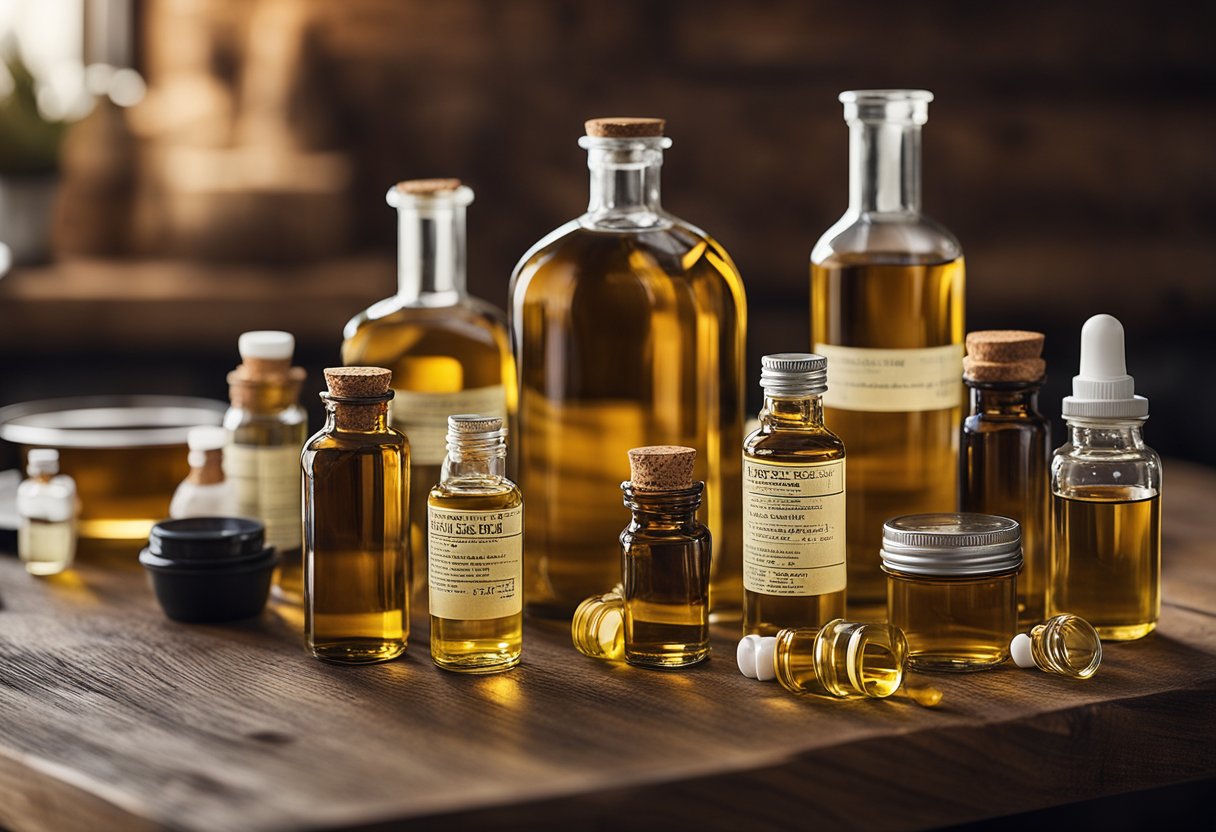 A table with various forms of Lester's oil (bottles, capsules, etc.) and recommended dosages displayed next to each form