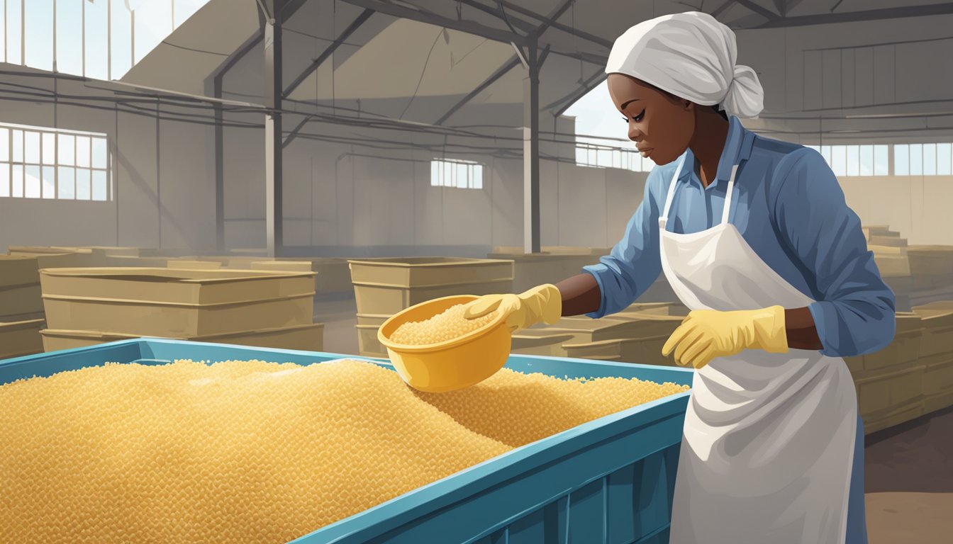 A woman wearing gloves and a hairnet pours grated cassava into a large container with water, following health and safety standards for fermenting gari