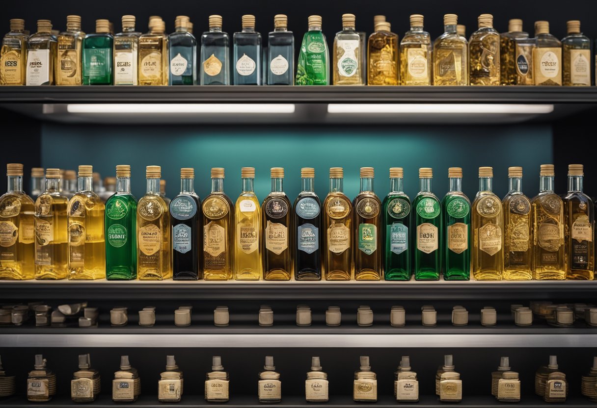 A row of oil bottles on a shelf, with various options and brand logos displayed. A customer examines the products with a thoughtful expression