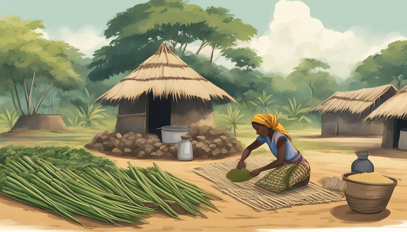 A woman in a rural village grates cassava, wraps it in a cloth, and presses it to ferment into gari. Surrounding her are cassava plants and a small thatched-roof hut