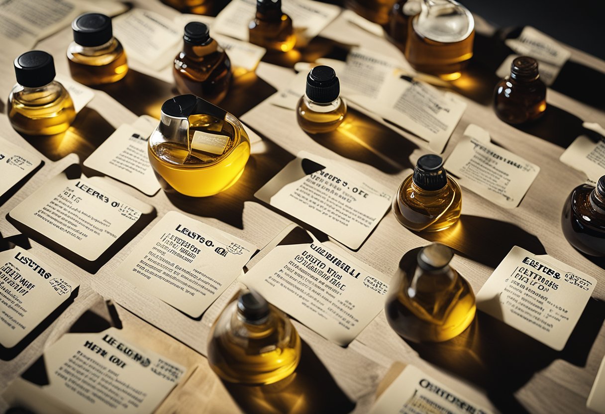 A table with various bottles of Lester's oil, surrounded by scattered review cards and positive comments