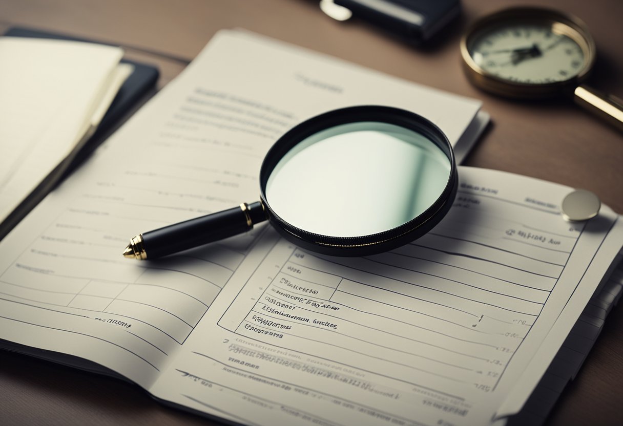 A stack of review cards surrounded by a magnifying glass, pen, and open notebook on a desk