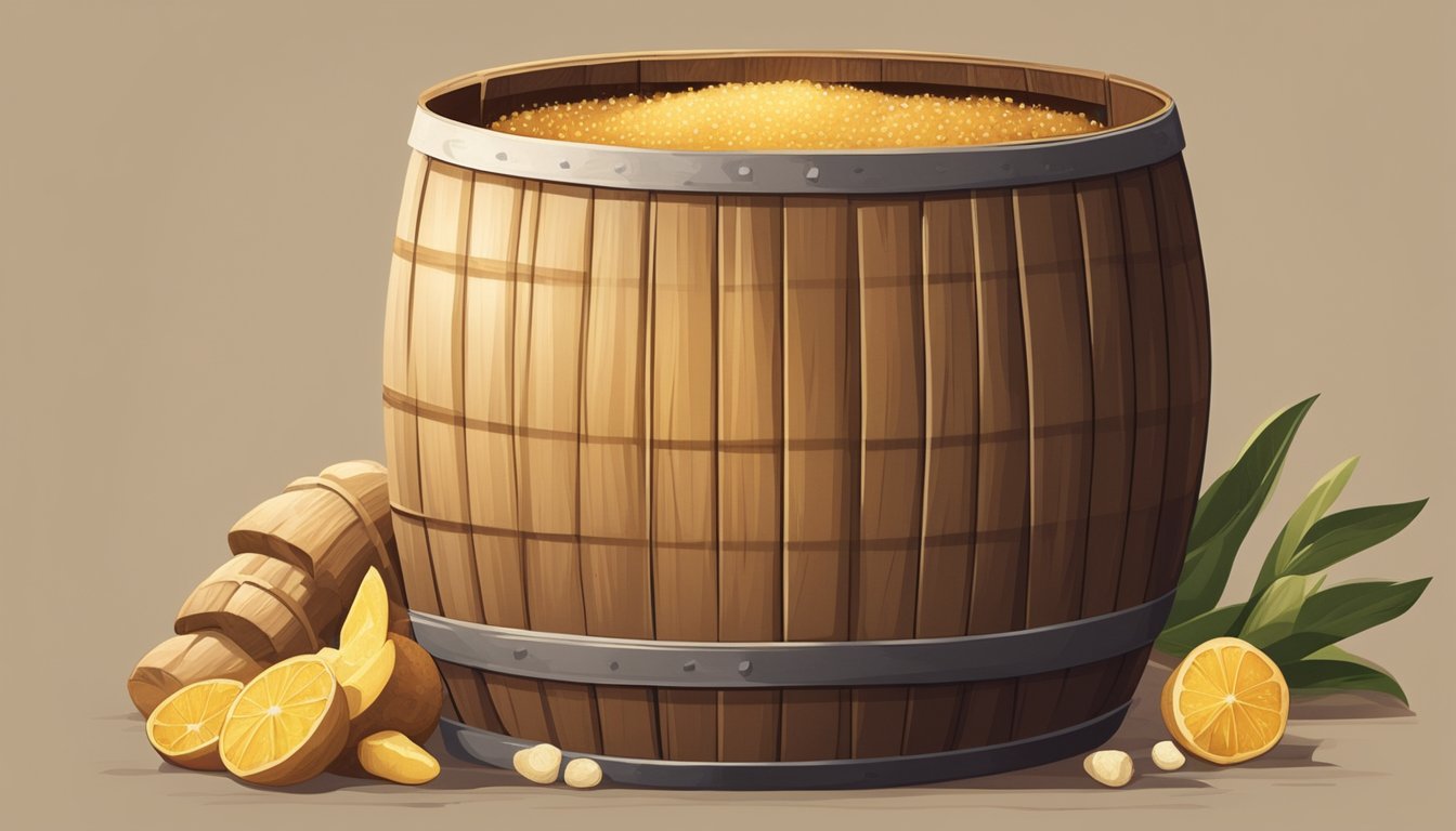 A wooden barrel filled with ginger, sugar, and water, covered with a cloth and left to ferment in a warm, dimly lit room