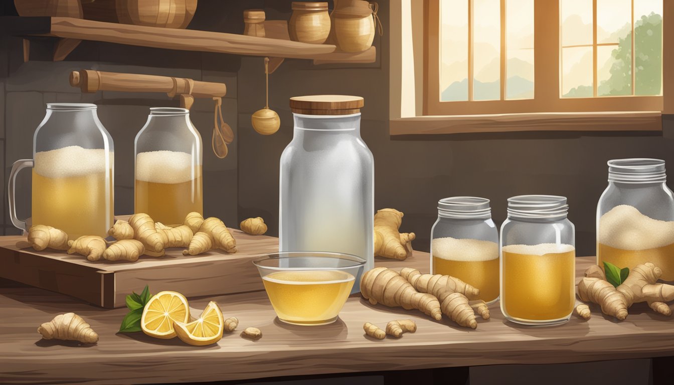 A traditional ginger beer fermentation process in a rustic kitchen setting, with ginger, sugar, and water in glass jars, and a muslin cloth covering the jars