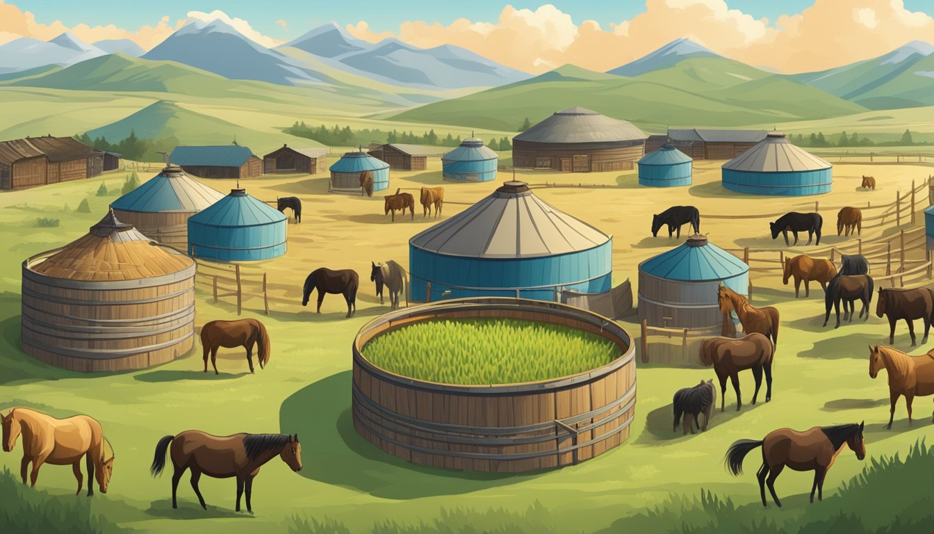 A large, wooden vat filled with fermenting airag, surrounded by traditional Mongolian yurts and grazing horses