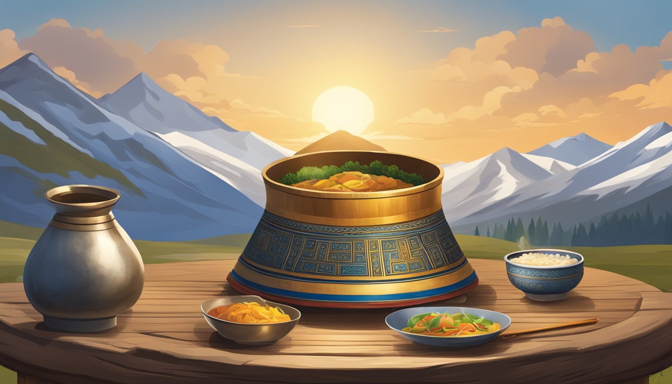 A traditional Mongolian ger with a bowl of airag on a wooden table, surrounded by nomadic scenery