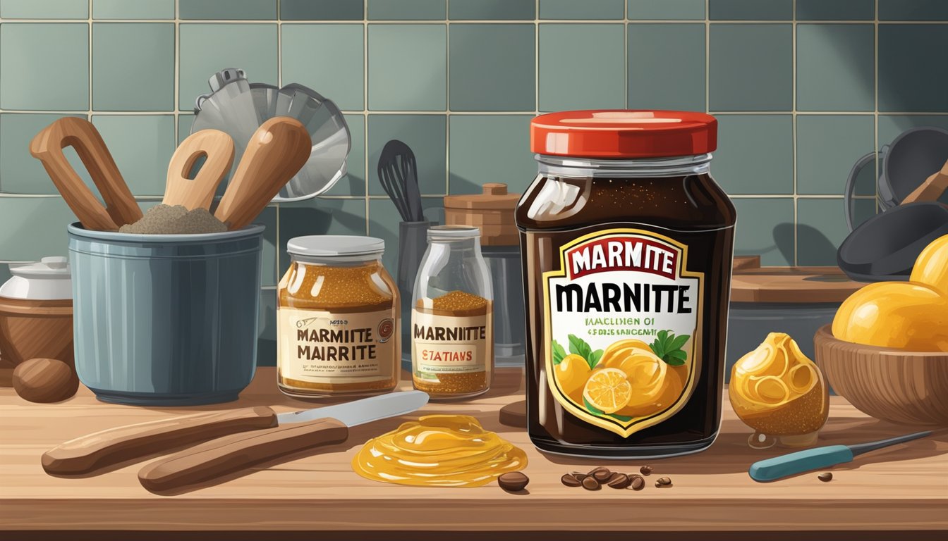 A jar of marmite sits on a kitchen counter, surrounded by ingredients and tools for fermentation. Bubbling and fizzing can be seen through the glass