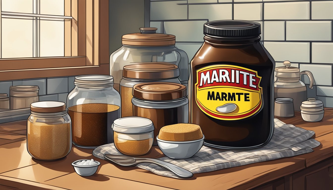 A jar of marmite sits on a kitchen counter, surrounded by ingredients like sugar, water, and yeast. A pot simmers on the stove, ready for the fermentation process