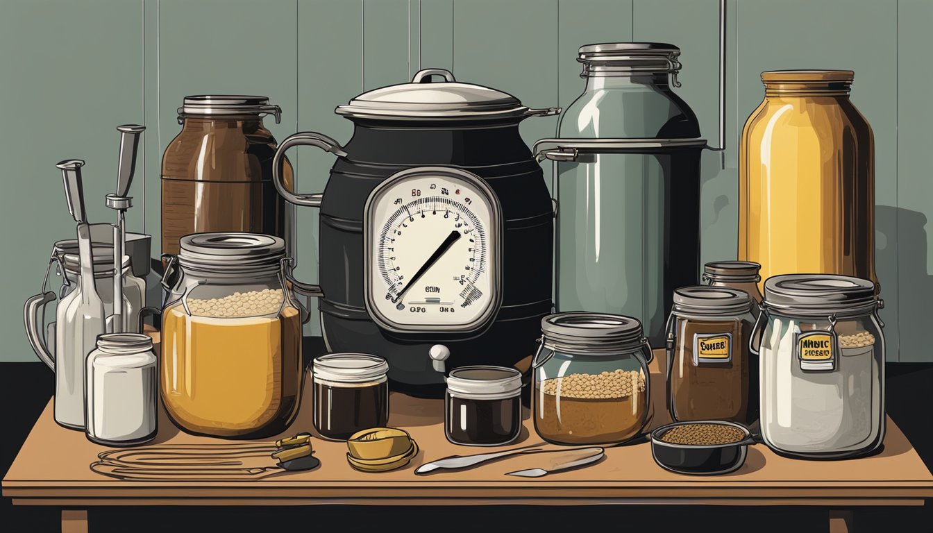 A large pot of boiling marmite mixture sits on a stove, surrounded by jars, funnels, and other fermentation equipment. A thermometer dangles from the side of the pot