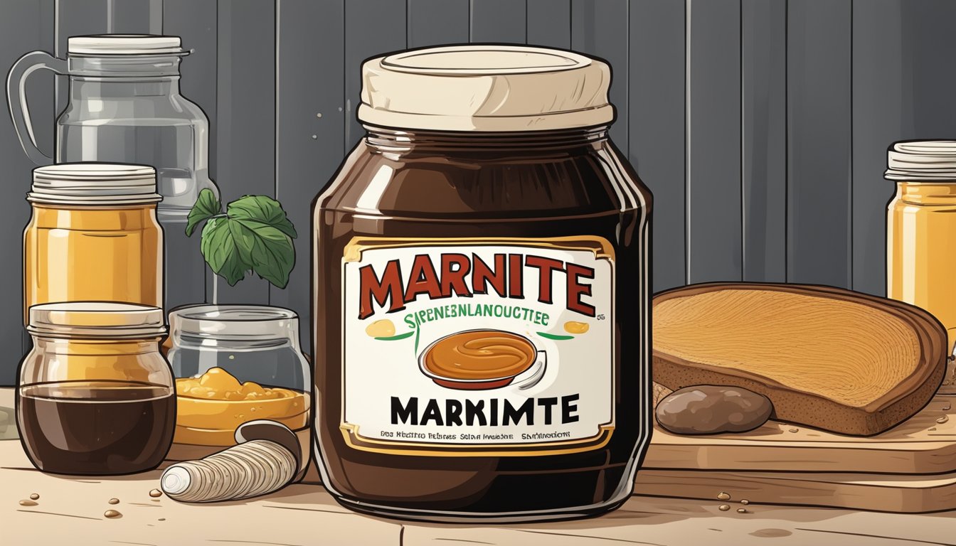 A jar of marmite sits on a kitchen counter, surrounded by ingredients like salt, water, and yeast. A pot simmers on the stove, ready for the fermentation process