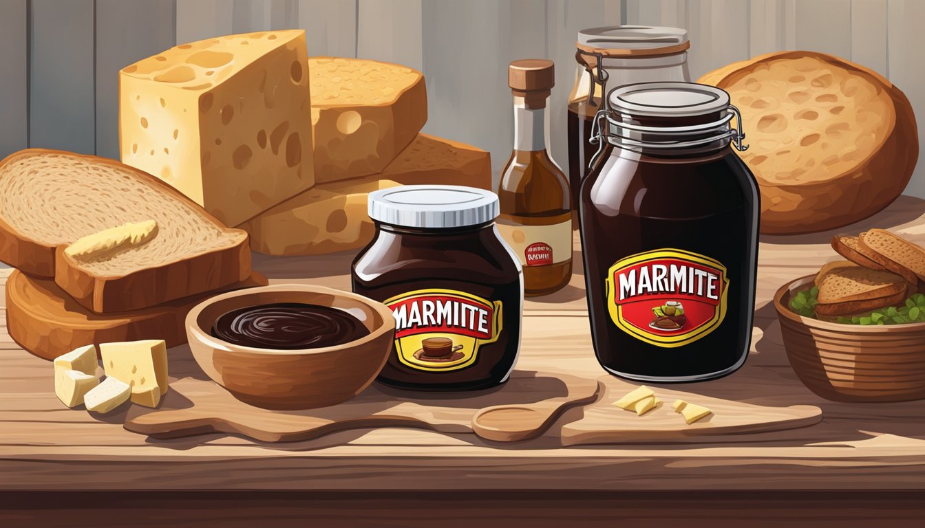 A jar of marmite sits on a wooden table, surrounded by fresh bread, cheese, and a glass of red wine. A small bowl of fermenting marmite is next to it