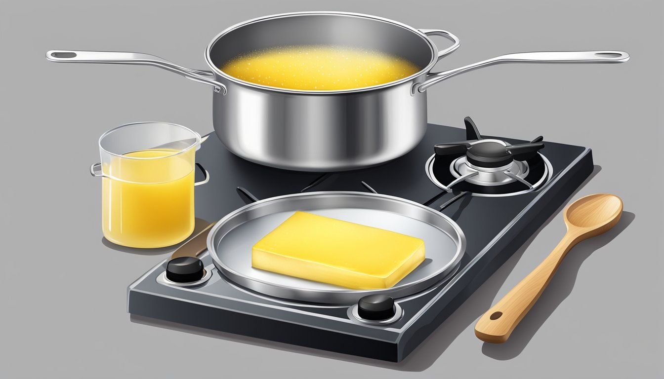 A stainless steel pot sits on a stovetop, filled with clarified butter. A thermometer and a wooden spoon lay nearby