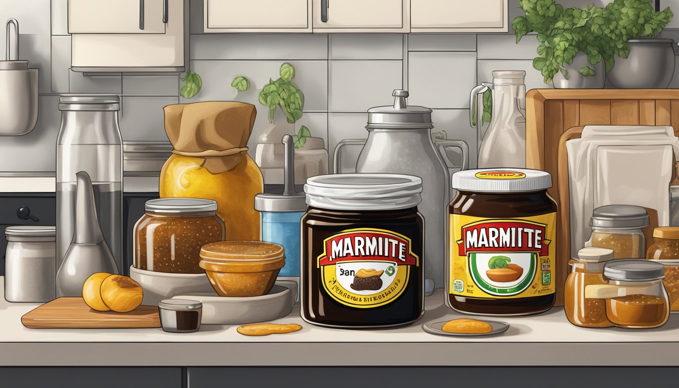 A jar of Marmite sits on a kitchen shelf, surrounded by various ingredients and containers. A small bowl of fermenting Marmite bubbles on the countertop, covered with a cloth