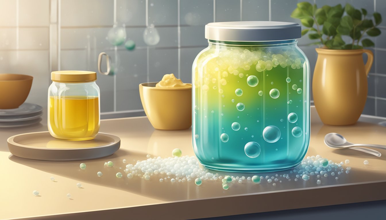 A glass jar filled with melted ghee, surrounded by small bubbles and a layer of foam on top, sitting on a kitchen countertop