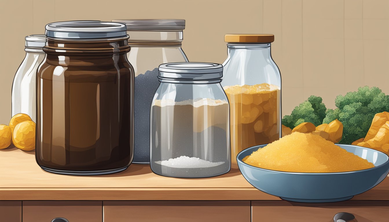 A jar of Vegemite sits on a kitchen counter surrounded by ingredients for fermentation, such as water, salt, and a glass bowl