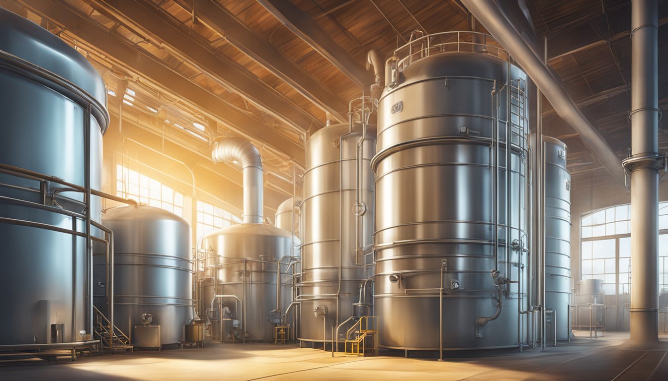 Large vats of fermenting vegetable and yeast mixture bubbling and releasing steam in a brightly lit factory