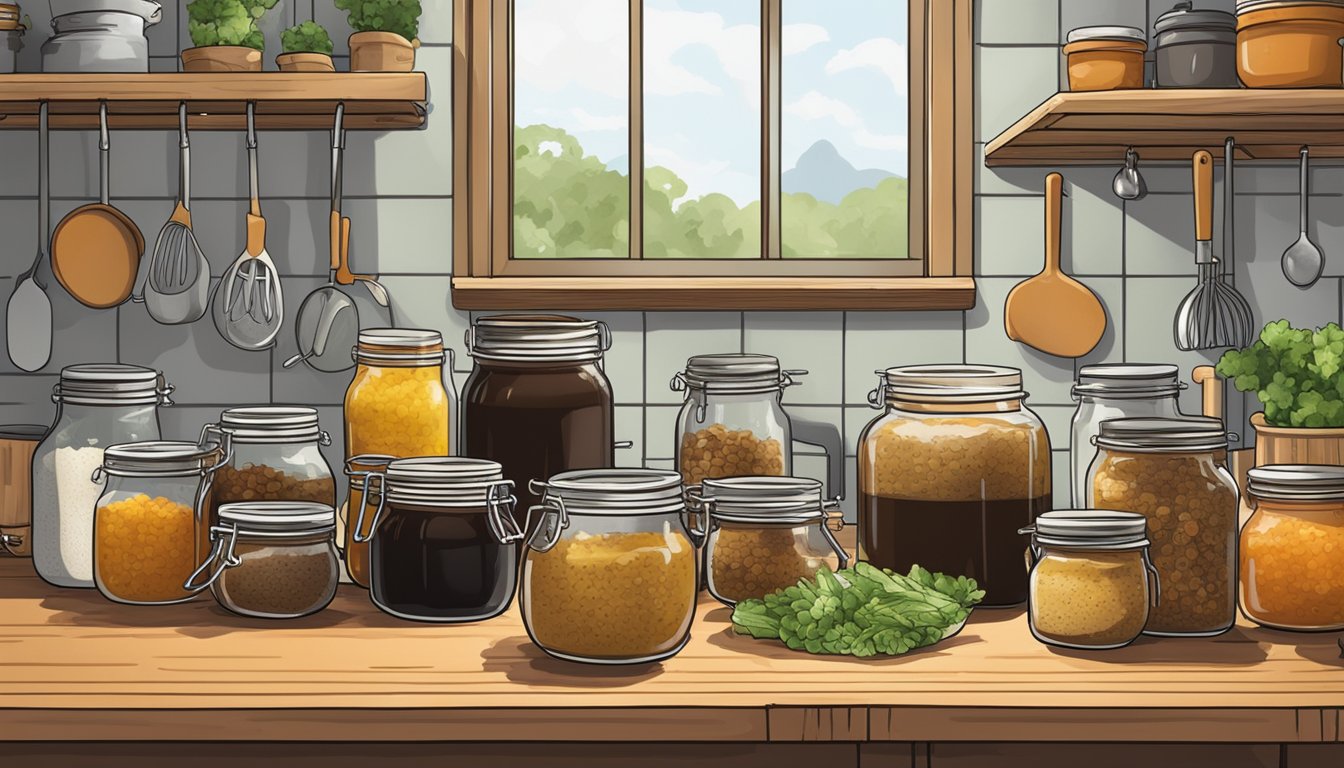 A kitchen counter with jars of fermenting vegemite, surrounded by cooking utensils and ingredients for homebrew