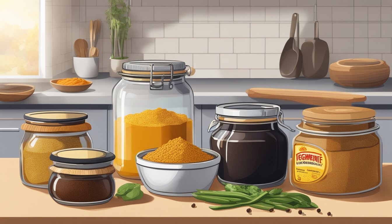 A jar of vegemite sits next to a bowl of fermenting vegetables, surrounded by various jars of spices and ingredients on a kitchen counter