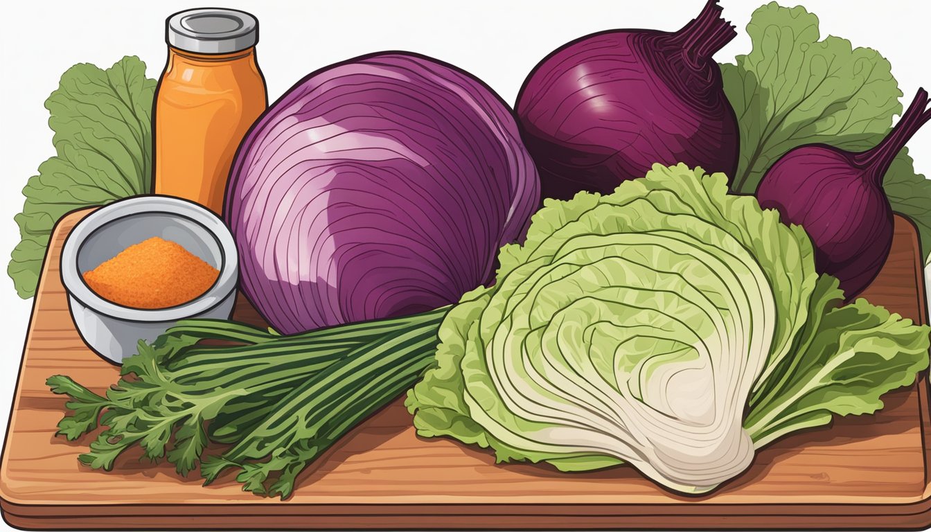 A wooden cutting board with beets, cabbage, carrots, and onions, alongside a bowl of salt and a jar of brine