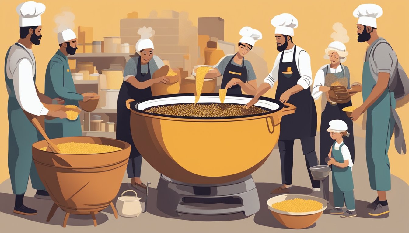 A group of people gather around a large pot, mixing and stirring various ingredients to ferment vegemite. The air is filled with the rich scent of the brewing mixture