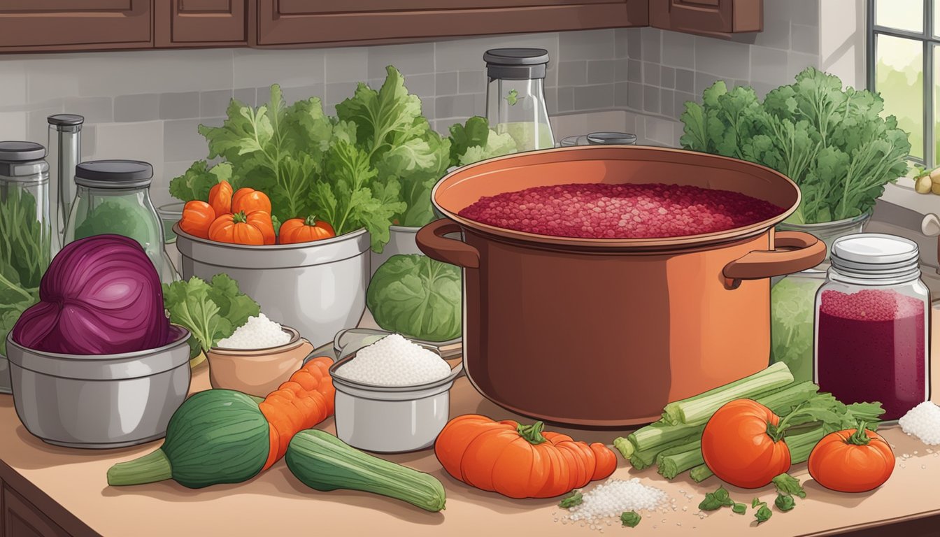 A large pot of borscht sits on a kitchen counter, surrounded by vegetables, salt, and a jar of starter culture for fermentation